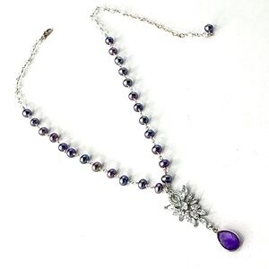 Lavender Pearl Necklace, Rhinestone Amethyst Pendant